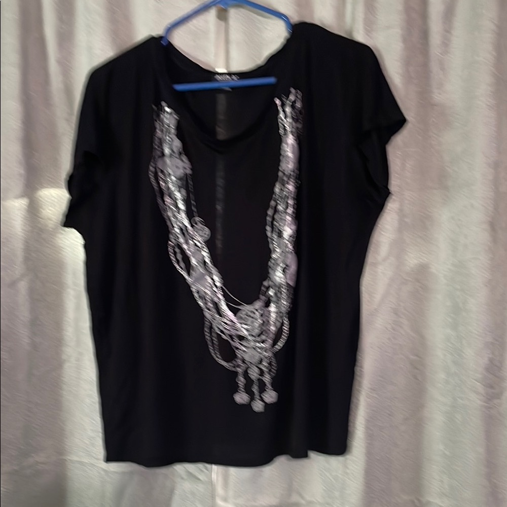 Elegant Black Top with Intricate Silver Chain printed Design